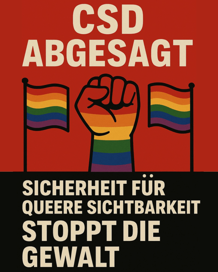 Protestartige Illustration mit kraftvollen Rottönen, Schwarz und Weiß. Im Zentrum eine erhobene Regenbogenfaust als Symbol queeren Widerstands. Umgeben von wehenden Regenbogenflaggen. Unten der Slogan: „Sicherheit für queere Sichtbarkeit – Stoppt die Gewalt!“ Die Grafik vermittelt Wut, Stärke und den dringenden Ruf nach Schutz und Gleichberechtigung.