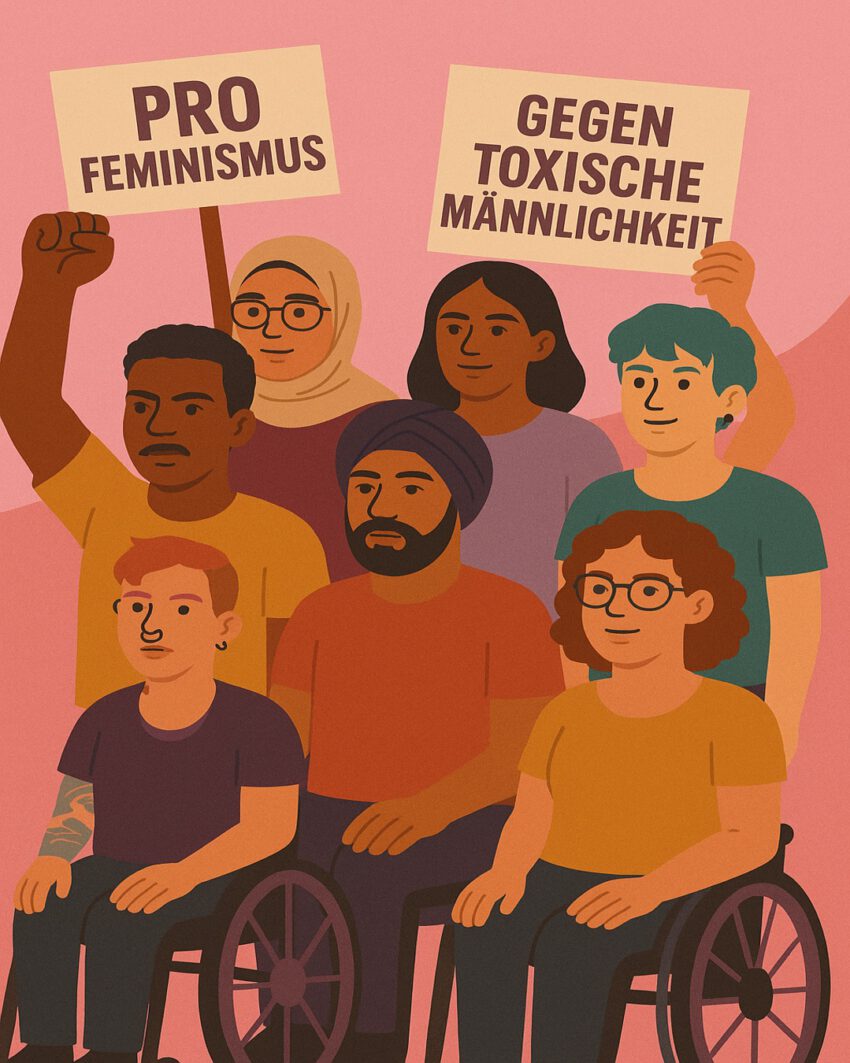 Illustration im flachen, grafischen Stil: Sieben diverse Menschen stehen gemeinsam vor einem rosafarbenen Hintergrund. Zwei von ihnen sitzen im Rollstuhl, eine Person trägt ein Kopftuch, eine andere hat eine auffällige Frisur und Piercings. Alle zeigen entschlossene Gesichtsausdrücke. Zwei Schilder in der oberen Bildhälfte tragen die Aufschriften „PRO FEMINISMUS“ und „GEGEN TOXISCHE MÄNNLICHKEIT“. Die Szene vermittelt Solidarität, Vielfalt und Engagement für Gleichberechtigung.