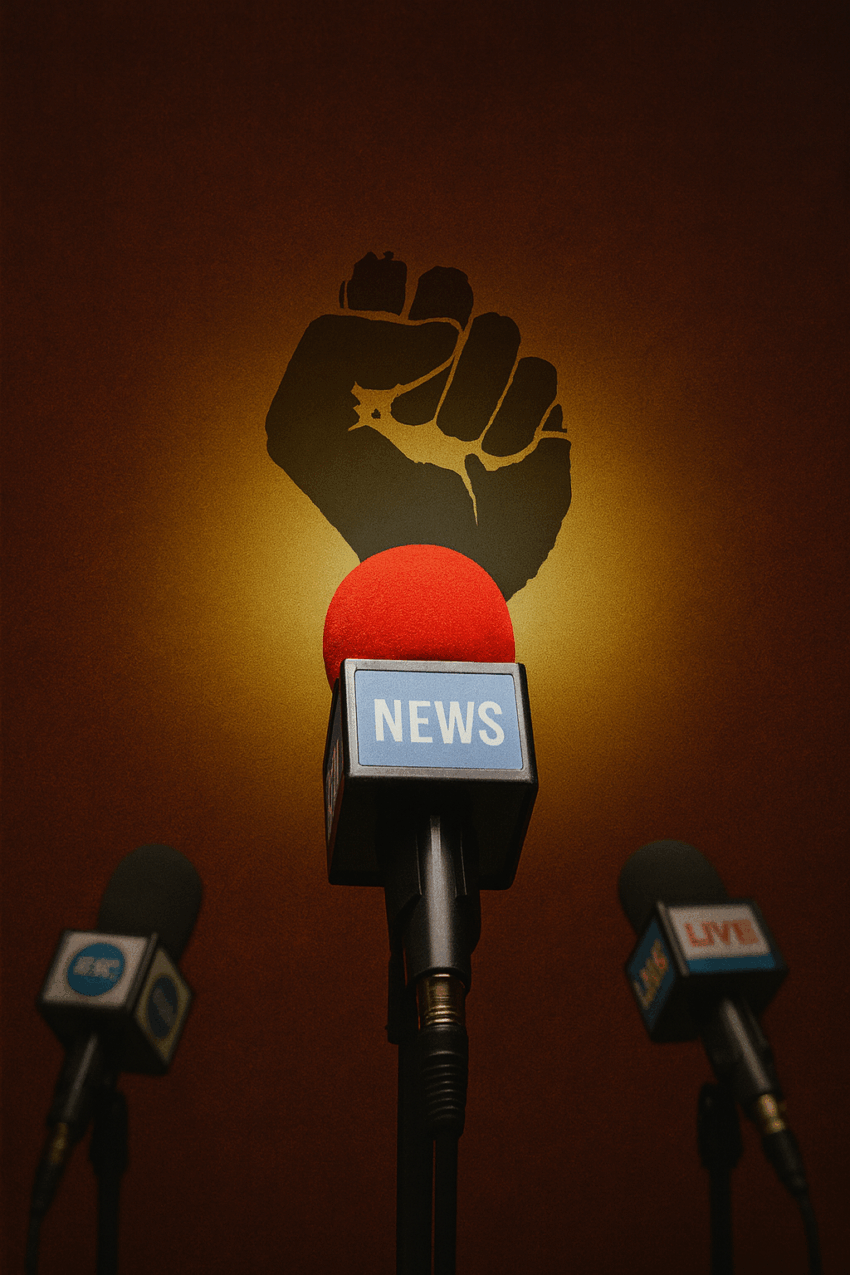 Vor einem rot-goldenen Hintergrund ragt ein Mikrofon mit rotem Schaumaufsatz und dem Schriftzug „NEWS“ prominent in die Mitte des Bildes. Links und rechts daneben sind weitere Mikrofone leicht unscharf zu erkennen. Dahinter leuchtet die Silhouette einer erhobenen Faust, die kraftvoll in den Raum wirkt.