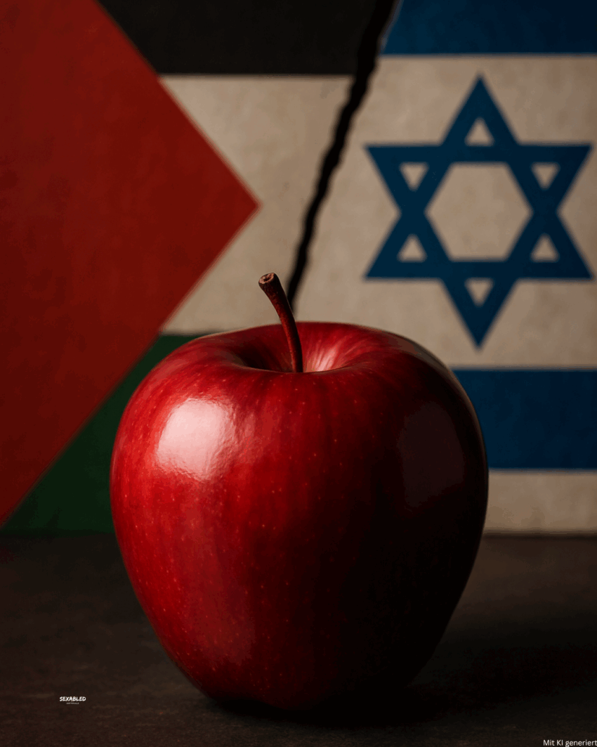 Ein glänzender, roter Apfel steht im Vordergrund auf einer dunklen Fläche. Dahinter ist eine Wand mit zwei Flaggen zu sehen: links die palästinensische, rechts die israelische. Beide sind durch einen dunklen, schrägen Riss getrennt, der den Kontrast zwischen ihnen betont. Dezentes Licht hebt die glatte Oberfläche des Apfels hervor.
